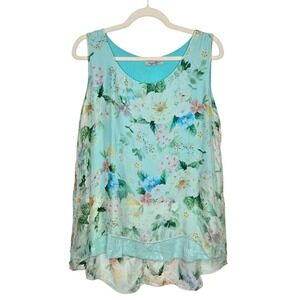 Elena Baldi Silk Overlay Sequin Floral Aqua Blue Flowy‎ Tank SZ L